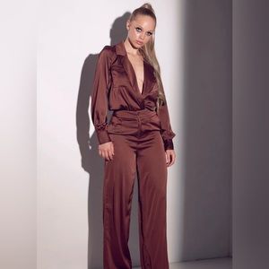 2 piece brown satin pant set